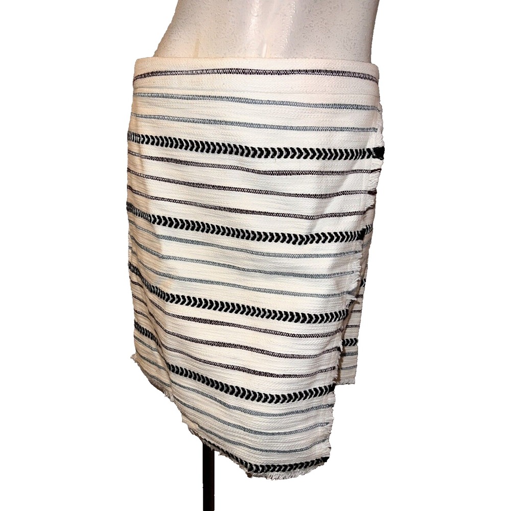 LOFT Petites Women 6P Ivory Black Blue Striped Faux Wrap Fringe Skirt 6 Petite